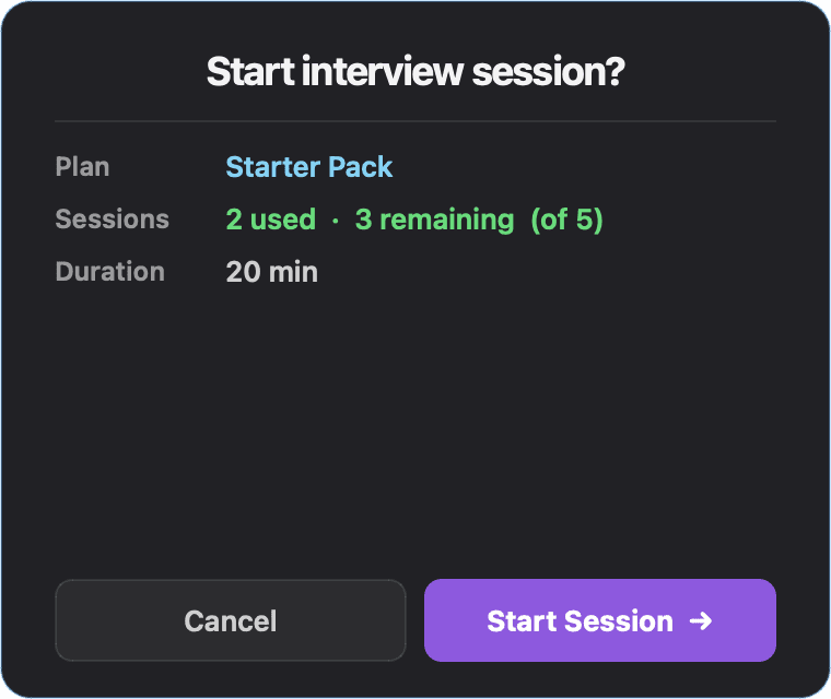 Answer Buddy desktop start session confirmation dialog.