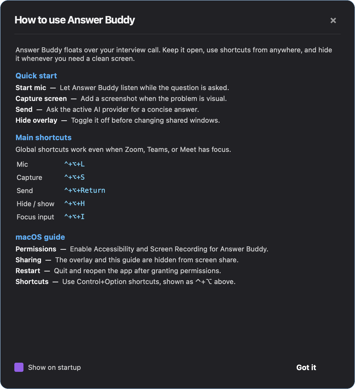 Answer Buddy desktop startup guide with shortcuts and macOS permission notes.