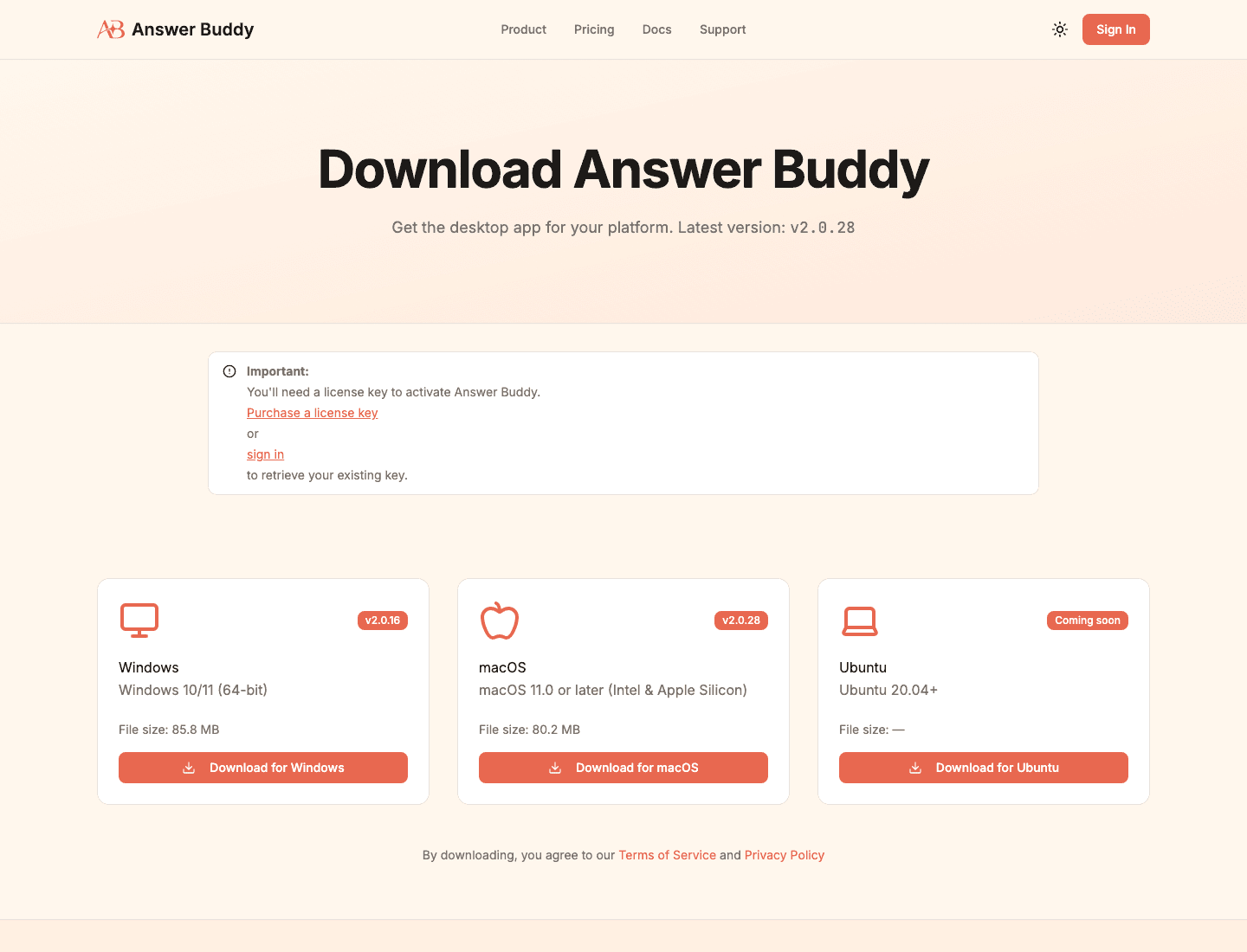 Answer Buddy download page with Windows, macOS, and Ubuntu download cards.
