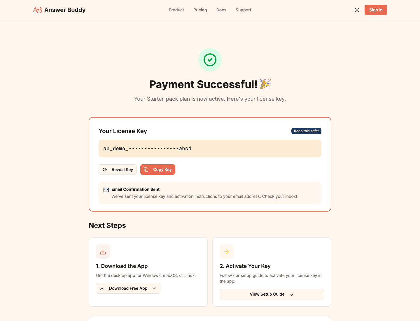 Answer Buddy payment success page with a masked demo license key and copy button.