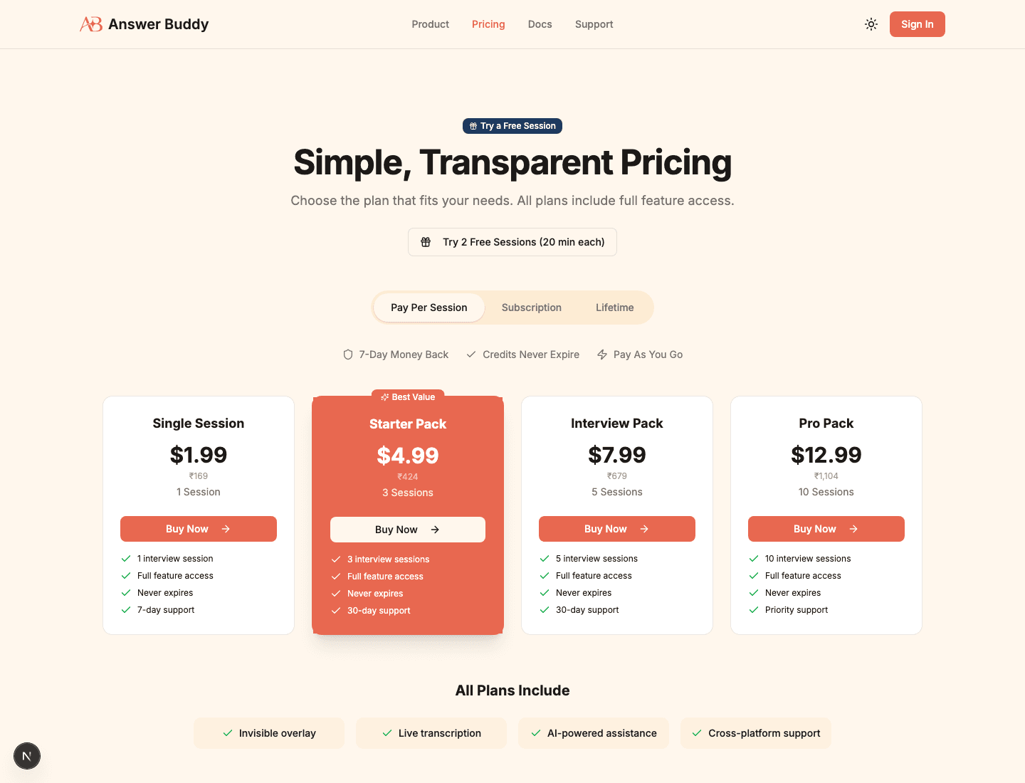 Answer Buddy pricing page with session packs and plan selector.
