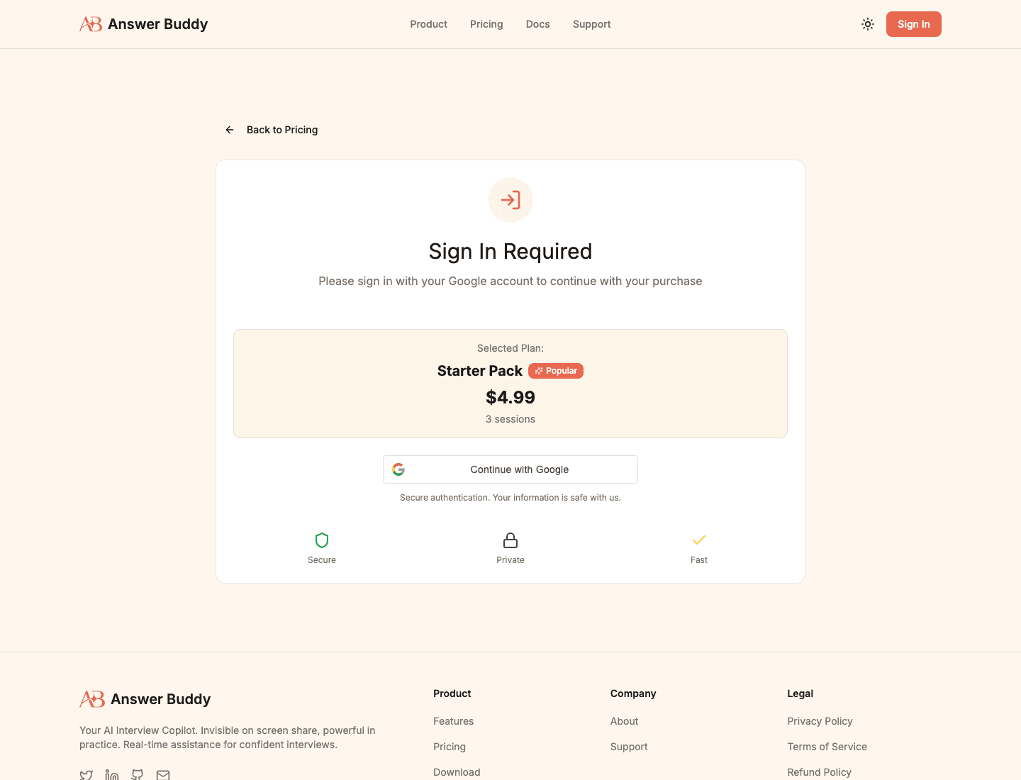 Answer Buddy purchase page requesting Google sign-in before checkout.