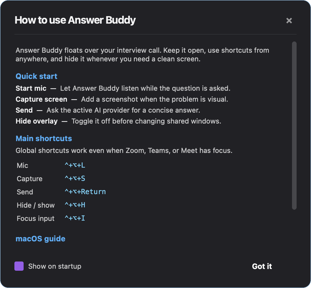 Answer Buddy quick-start dialog with shortcuts.