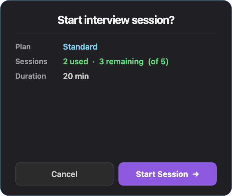 Start session confirmation dialog.